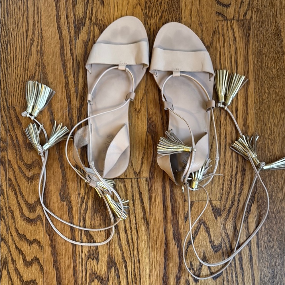 Loeffler Randall Cream and Gold Sandals with strap around the ankle. Gladiator